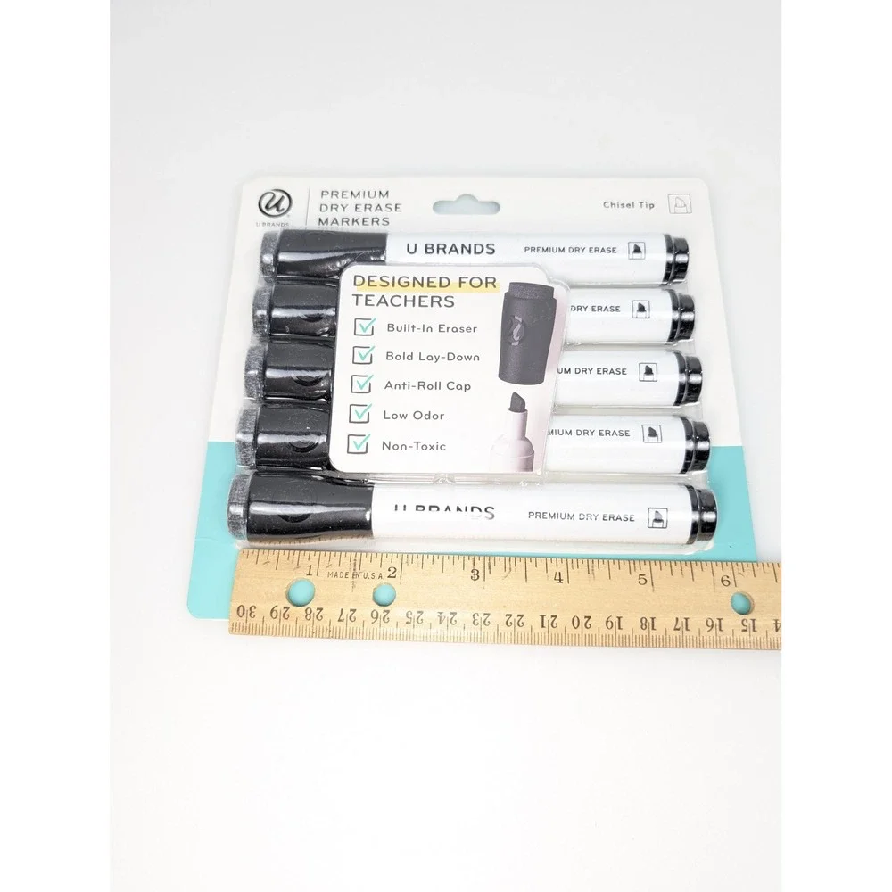 Set of 5 U Brands Chisel Tip Dry Erase Markers Whiteboard Low Odor Black Eraser